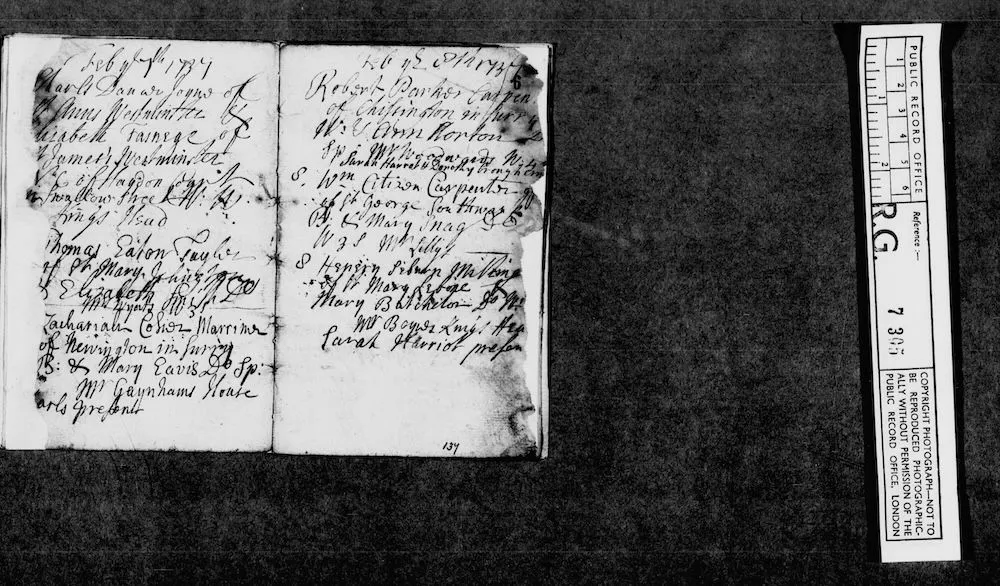 A black-and-white image of a notebook with handwritten details about clandestine marriages from January to March 1738