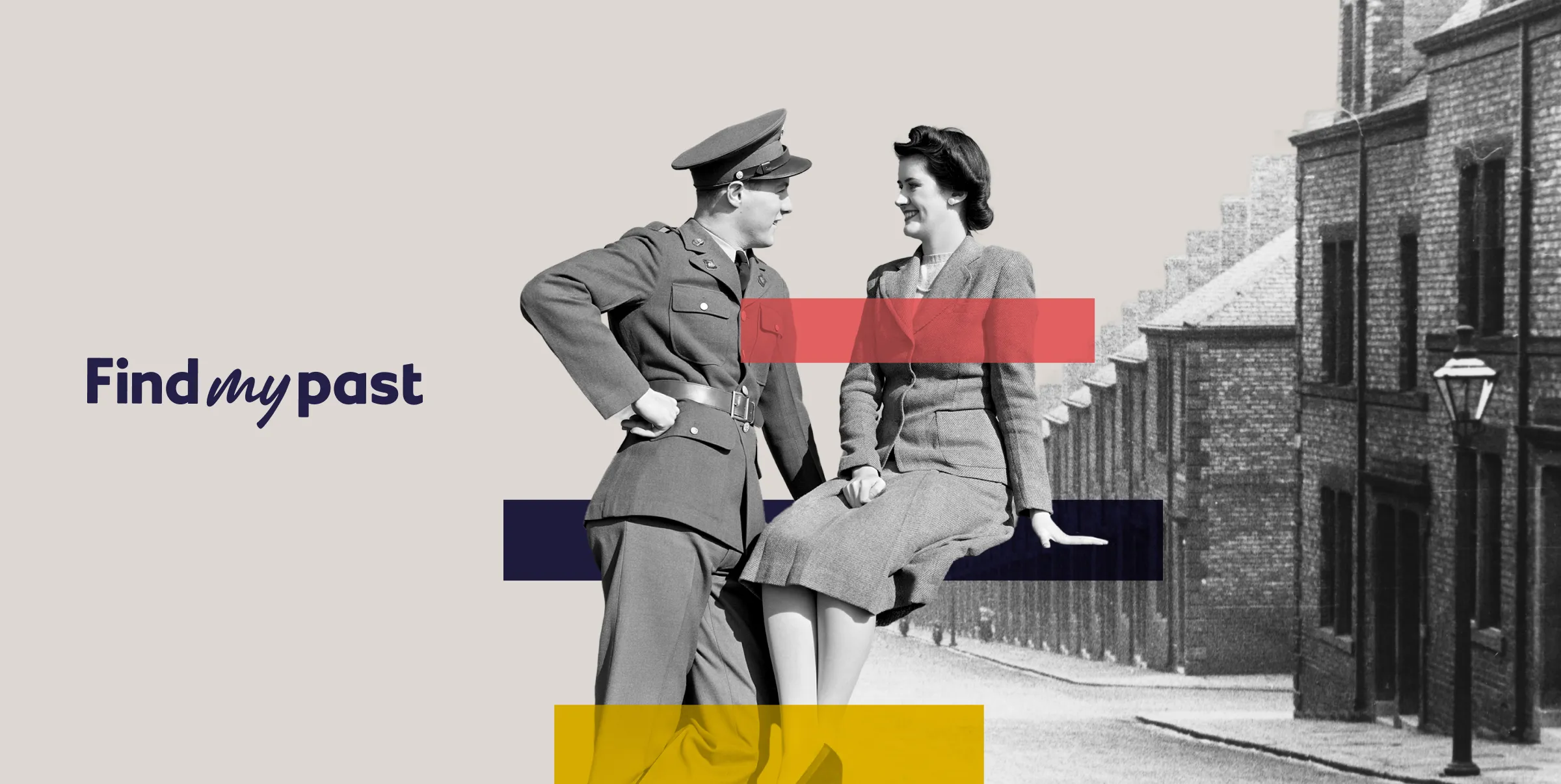 Findmypast. Black-and-white image of a man in 1940s military uniform chatting to a young woman, with a street of houses in the background.