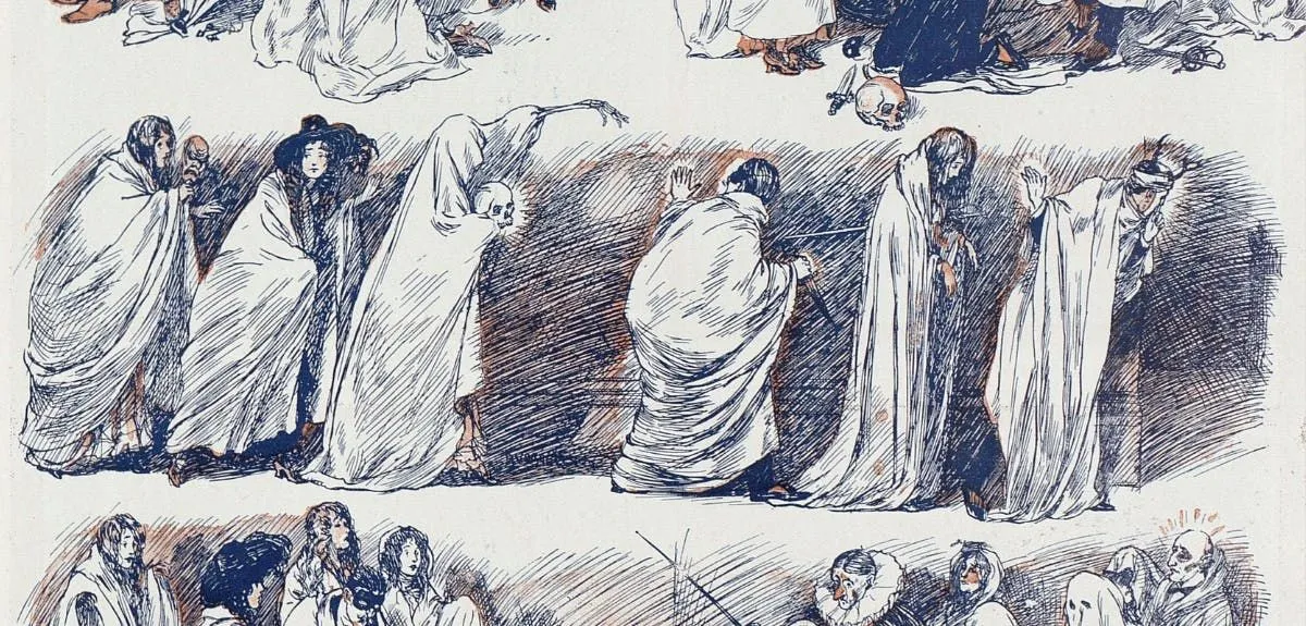 Drawings from 1908 of people dressing up as ghosts