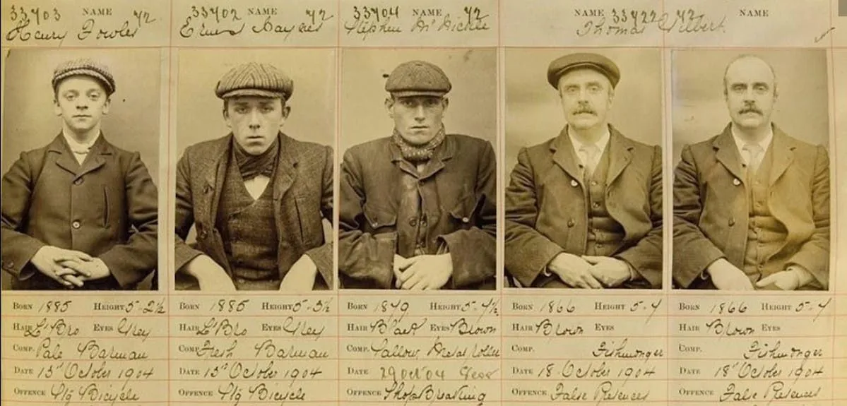 Mug shots of four men and handwritten text from crime records.
