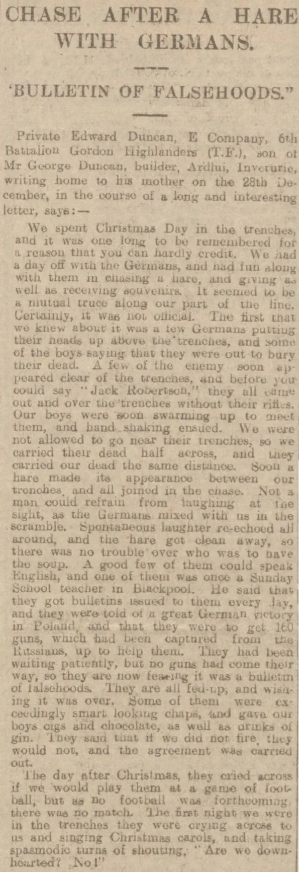 This report about World War One's Christmas Day Truce was published in the Aberdeen Journal.