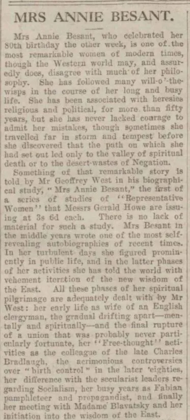Annie Besant turns 80