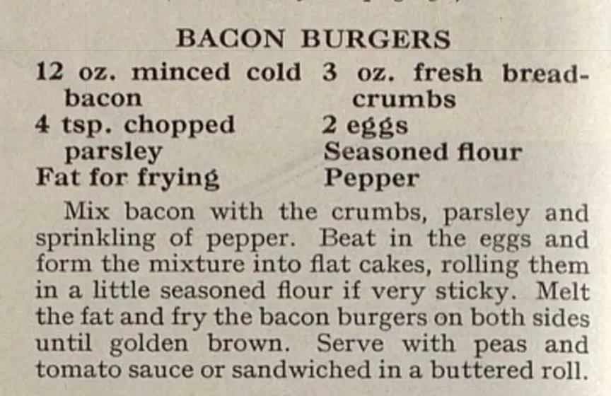 Bacon burger recipe, Britannia and Eve, 1956