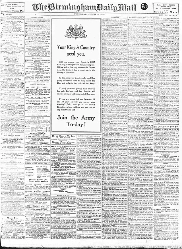 An advert for the army featured on the front page of the Birmingham Daily Mail on 5 August 1914