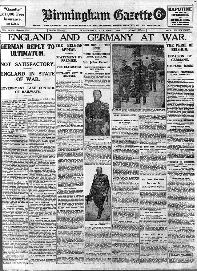 The front page of the Birmingham Gazette, announcing Britain's involvement in World War One