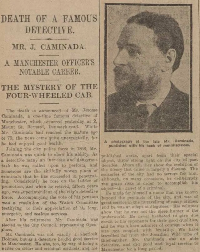 Jerome Caminada's death reported in the Manchester Courier