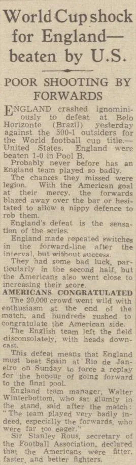 Copies of old newspapers show the England vs United States World Cup score in 1950 was not reported as 10-1