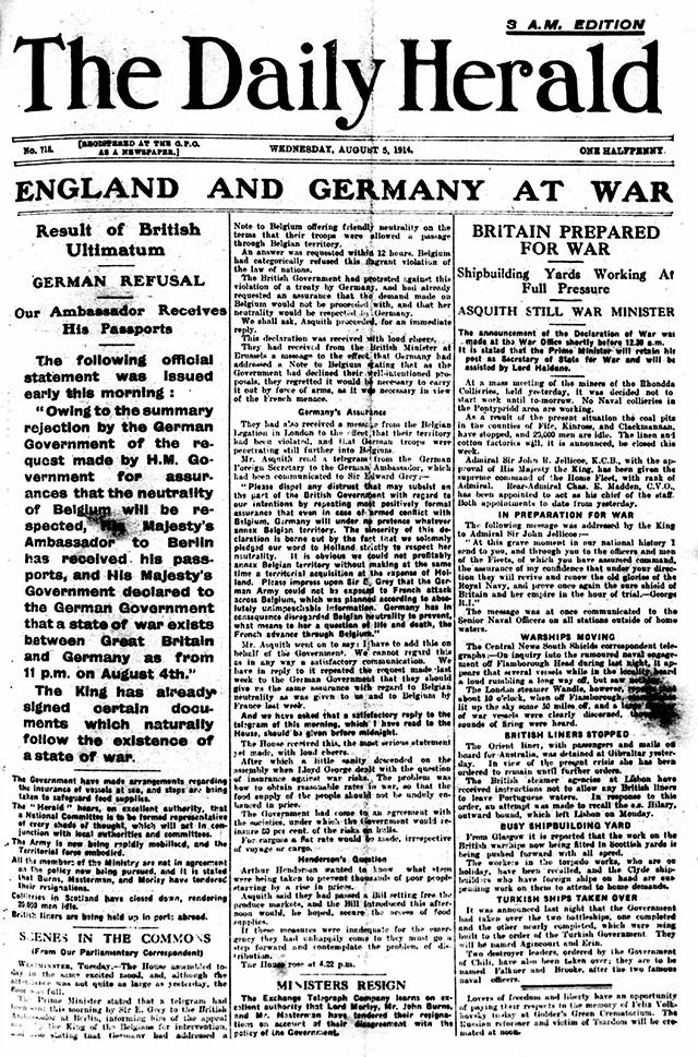Headline of the Daily Herald at the start of World War One