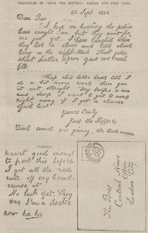 A facsimile of the 'Dear Boss' Jack the Ripper letter, printed in the Nottingham Evening Post