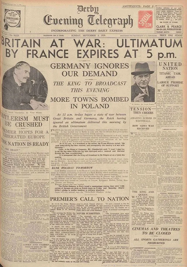 The Derby Daily Telegraph announces the start of WW2