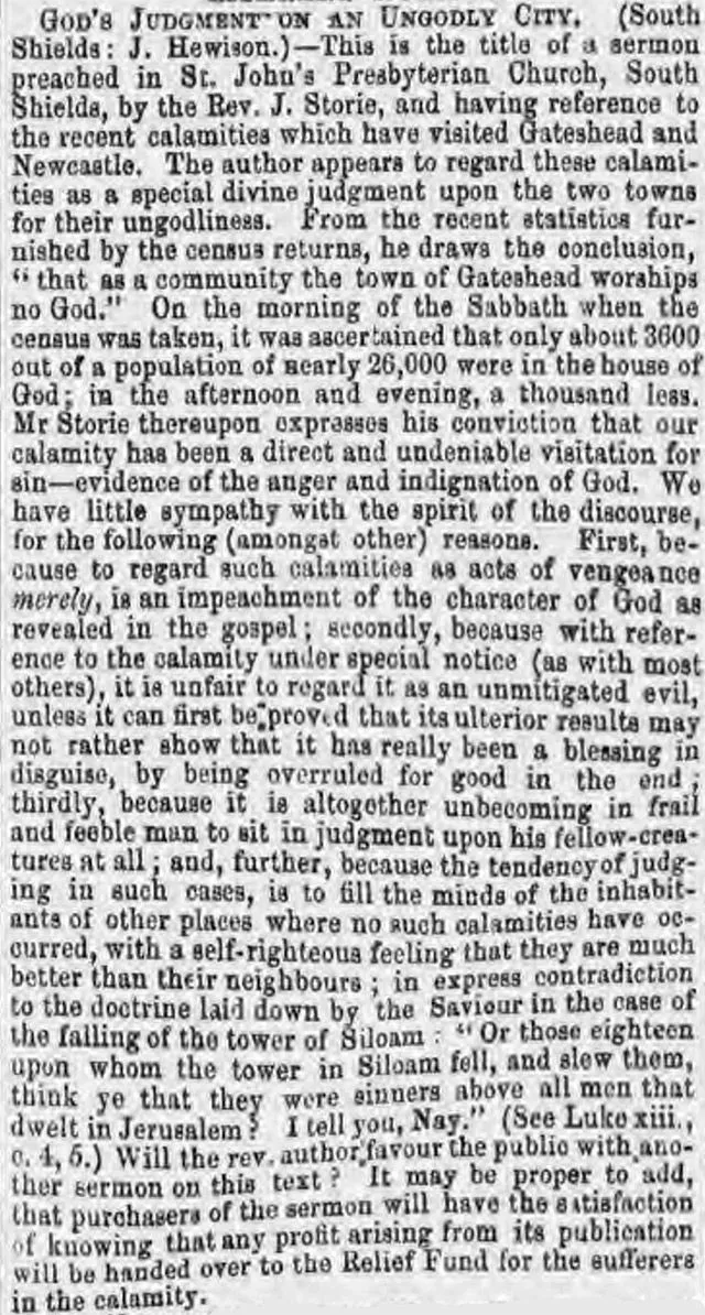 Reverend John Storie claimed that Newcastle's great fire in 1854 was 'God's Judgement on an Ungodly City'