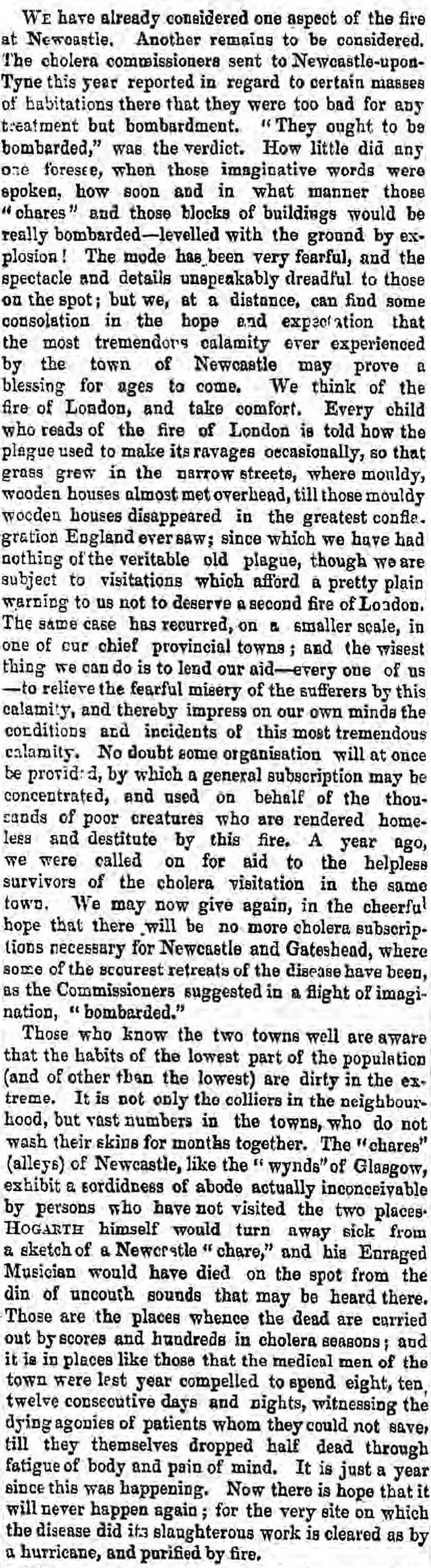 The London Daily News argued that the great fire of Newscastle and Gateshead in 1854 was a case of 'good timing'