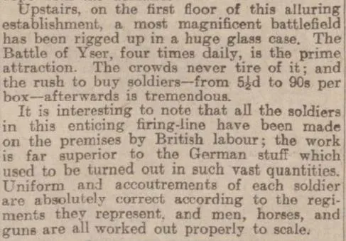 A description of Gamage's WW1 toy soldier battle reconstruction was printed in the Dundee Courier in 1914