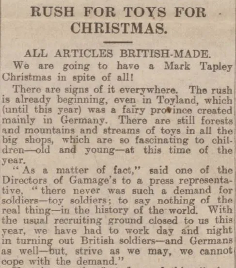 British-made toy soldiers were very popular in 1914