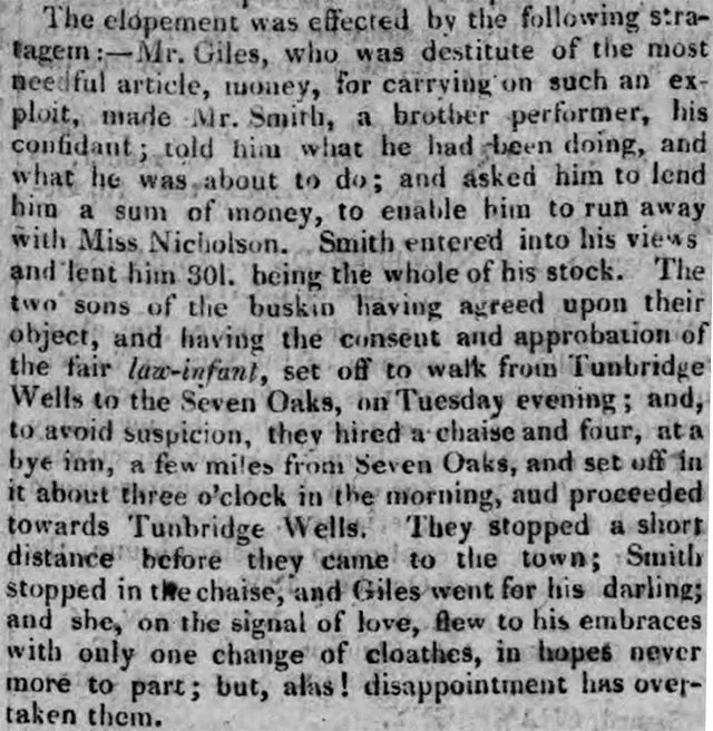 Augusta Nicholson and John Giles eloped to London in 1809