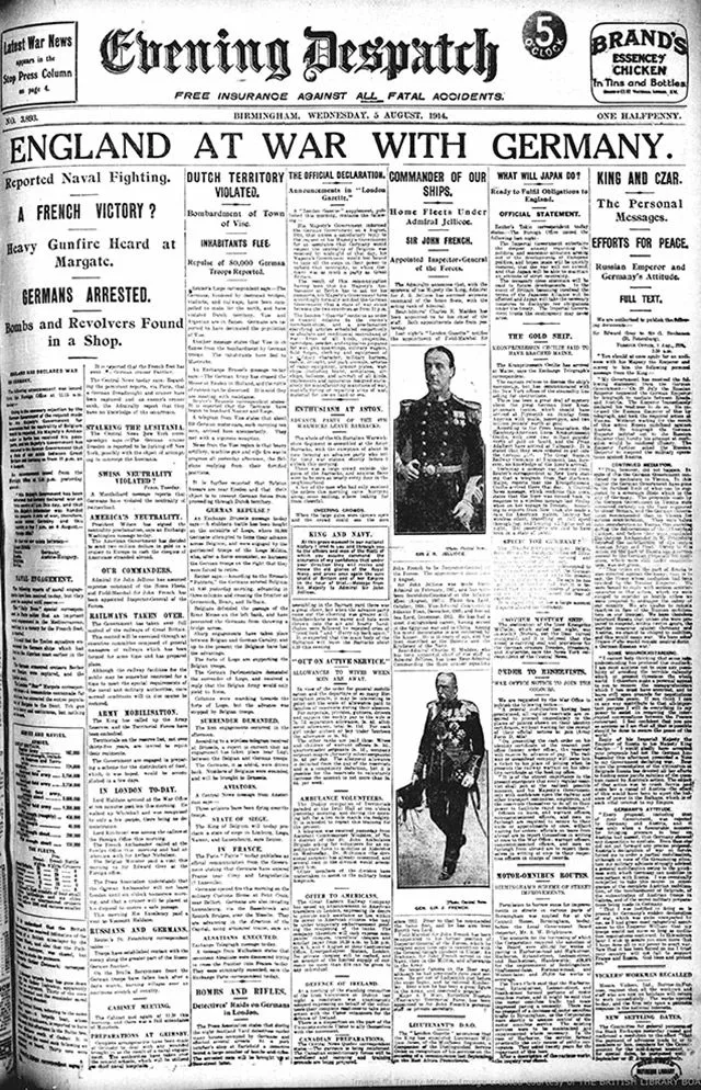 The Evening Despatch announced that England was at war with Germany in 1914