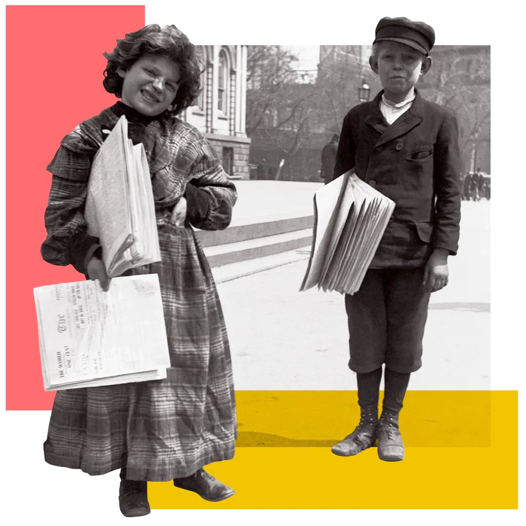 A archive photograph montage of two children selling newspapers in Britain past