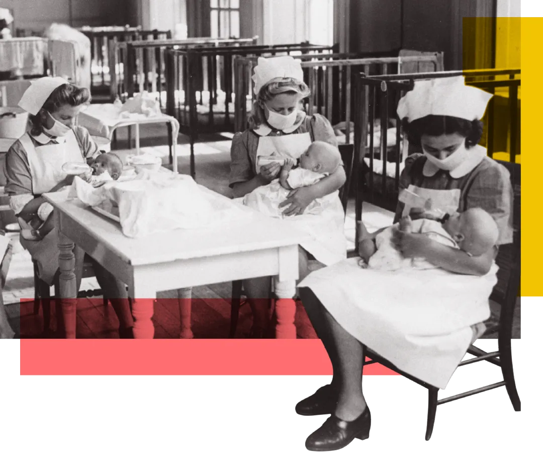 A vintage photograph of nurses tending to newborns in a hospital