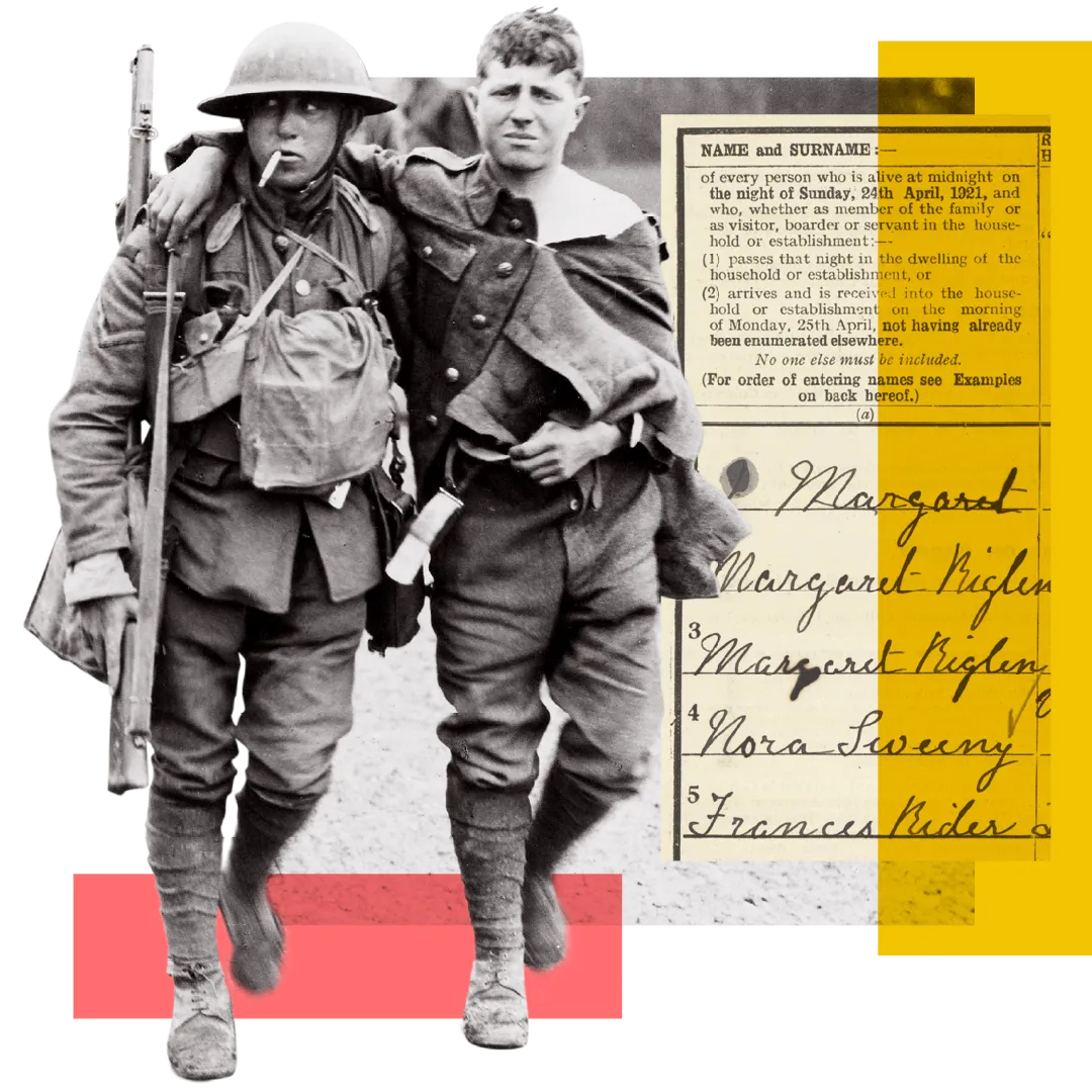 Two wounded Tommy soldiers are seen limping with a historical record behind them