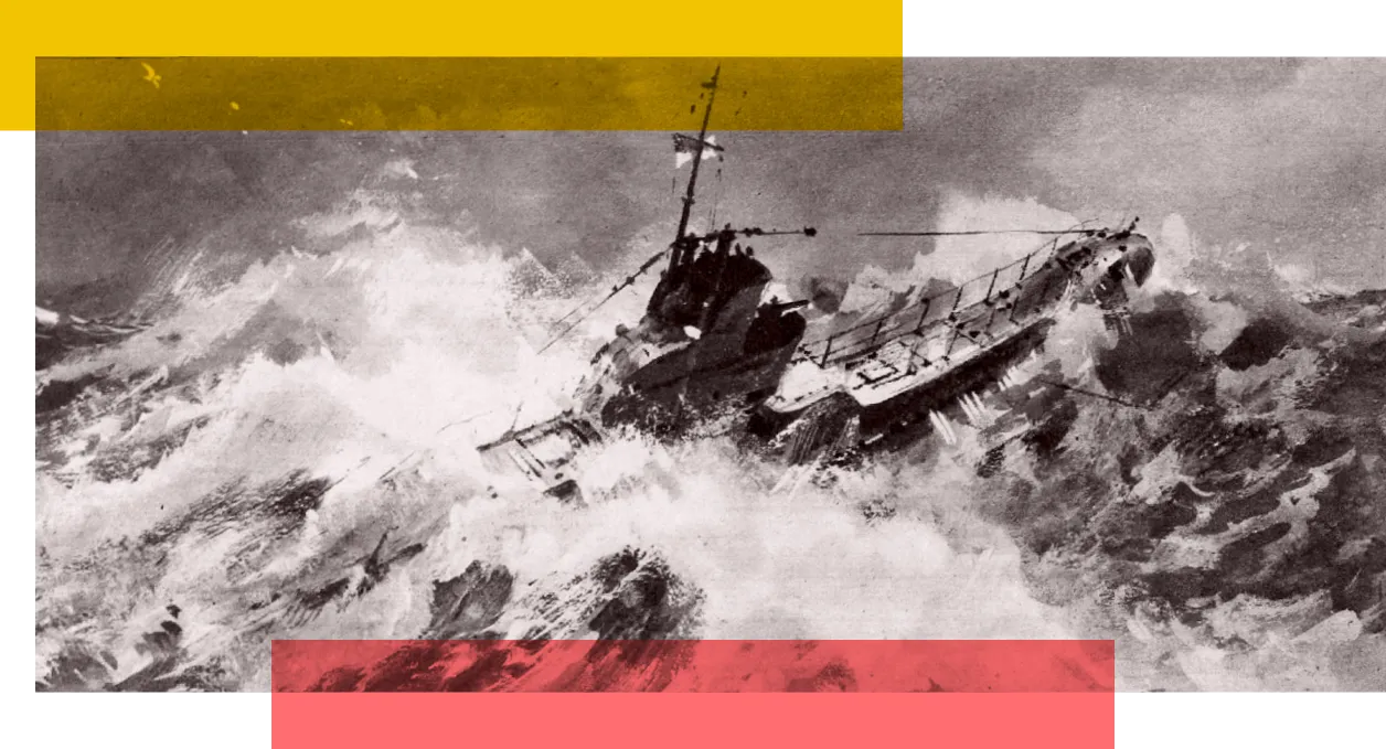 A historic illustration of a WW2 submarine at sea