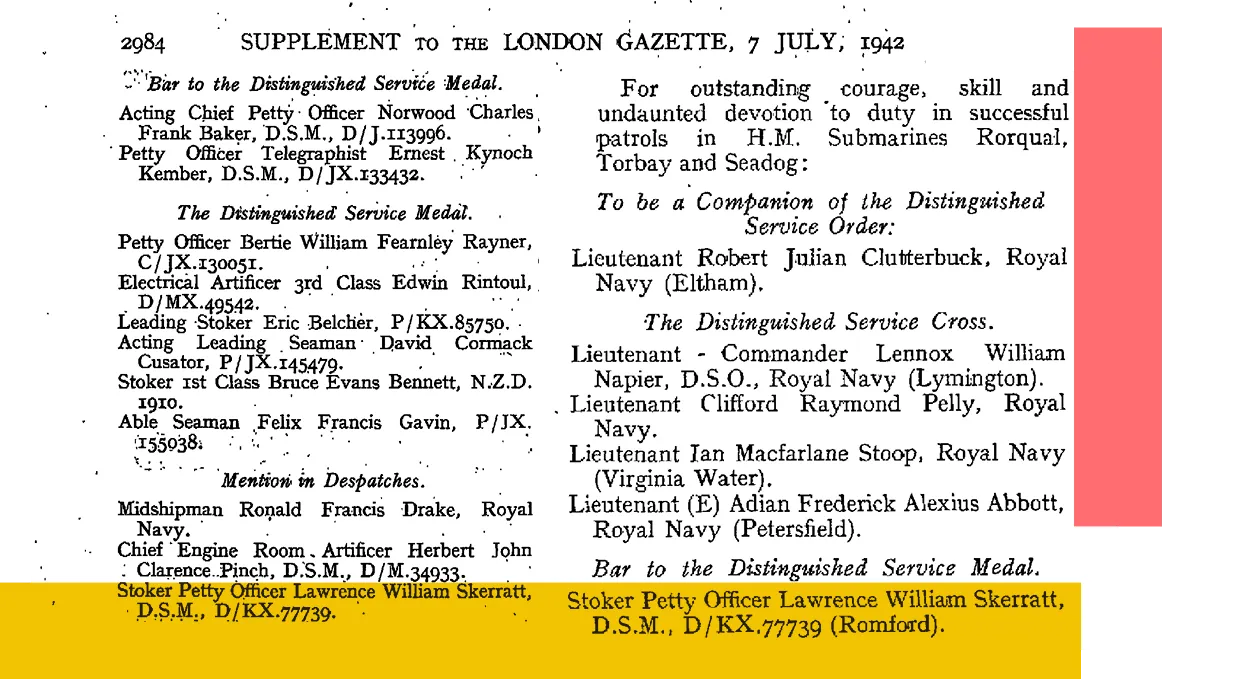 A clipping from the London Gazette 7 July 1942