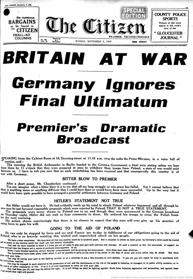 The Gloucester Citizen announces the start of WW2