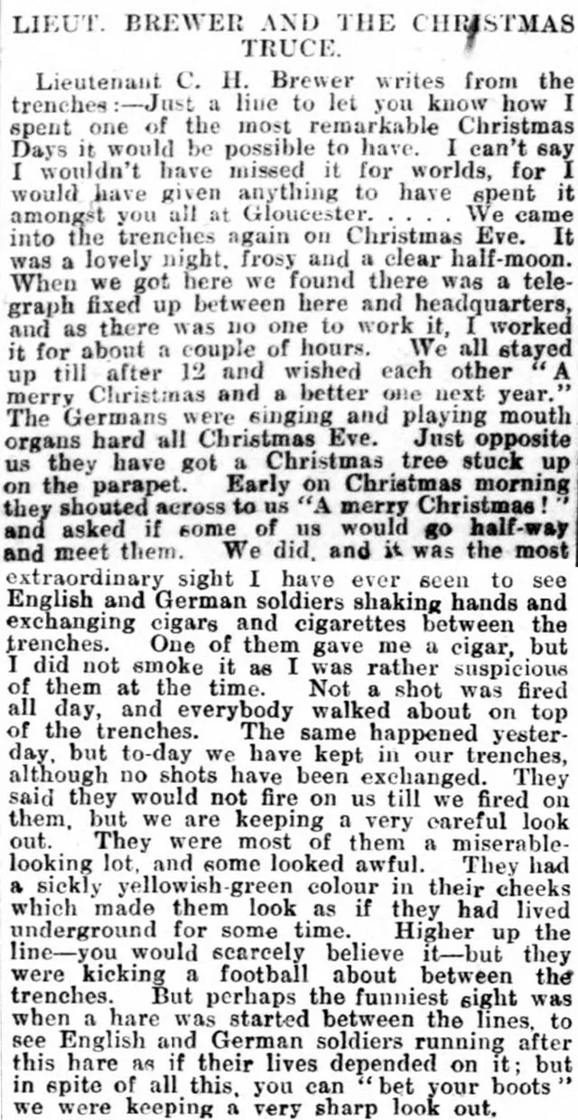 A soldier's letter from the Western Front, describing the 1914 Christmas Truce, was printed in the Gloucester Journal