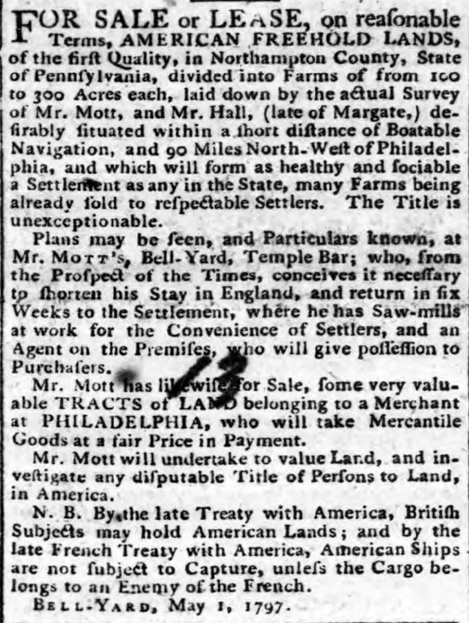 Land for Sale America Hampshire Chronicle May 1797