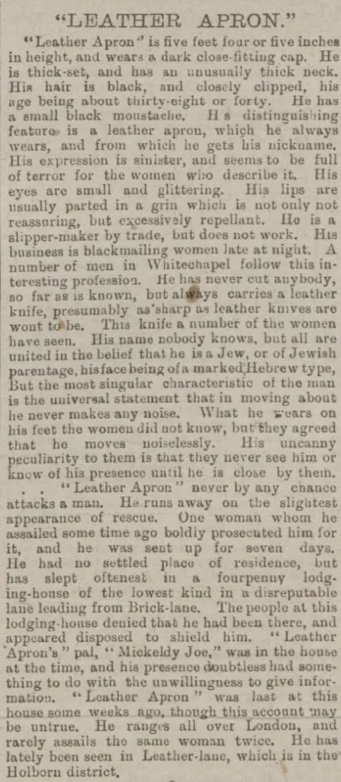 Leather Apron aka Jack the Ripper, described in the Sunderland Daily Echo and Shipping Gazette