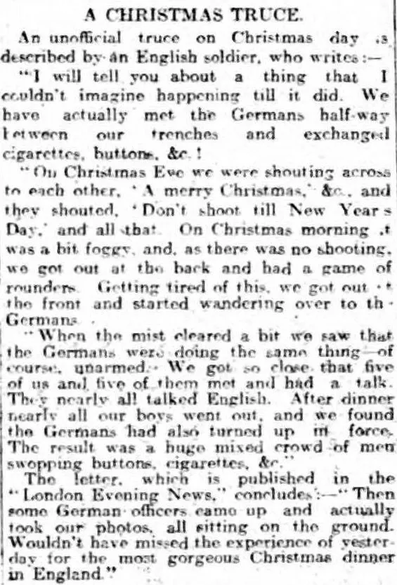A report about the WW1 Christmas Truce, published in the Liverpool Daily Post