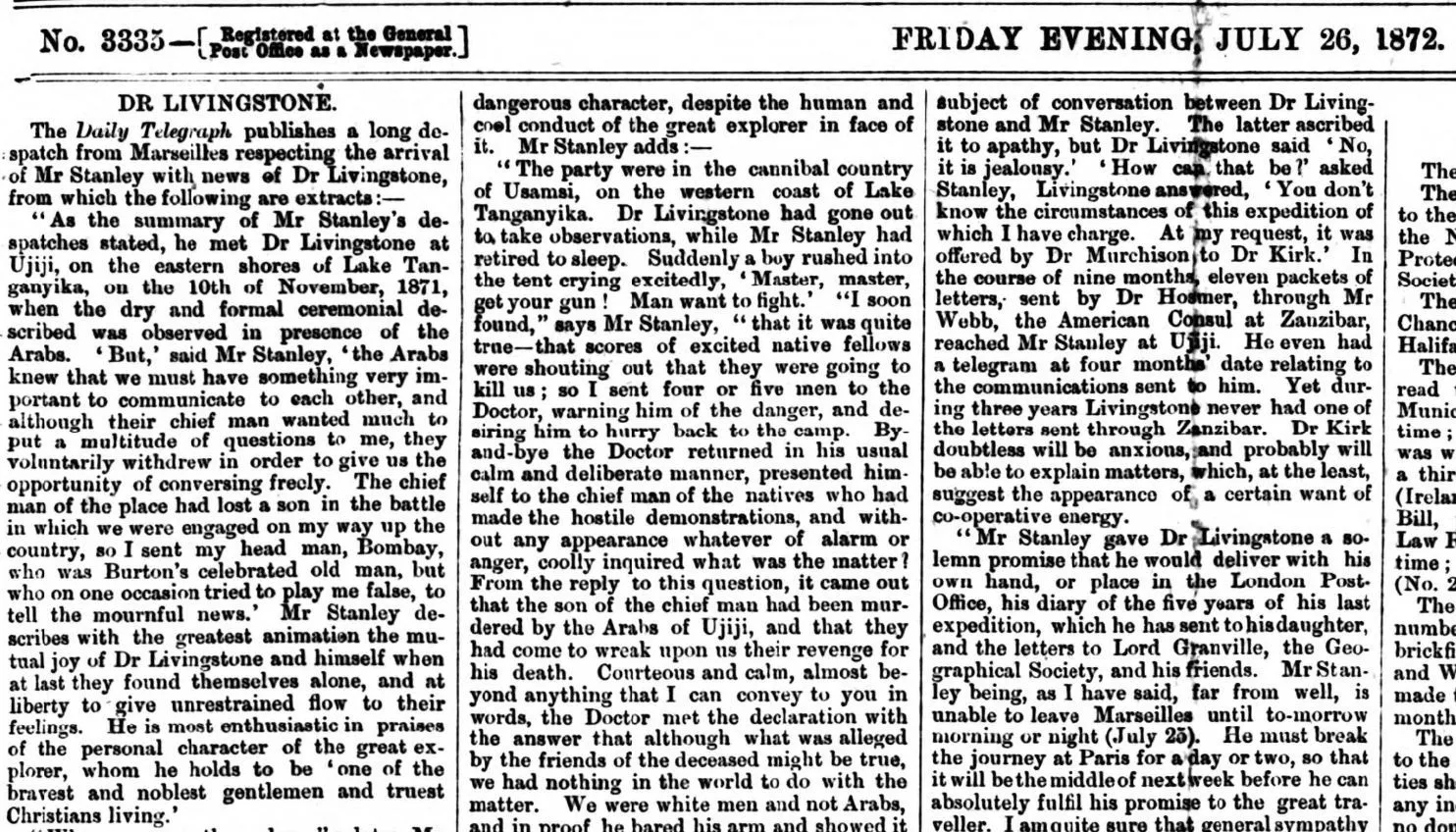 the arrival of Mr Stanley with news of Dr Livingstone
