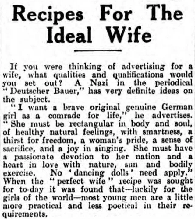 Nazi advert for a wife, printed in the Gloucester Citizen in 1933