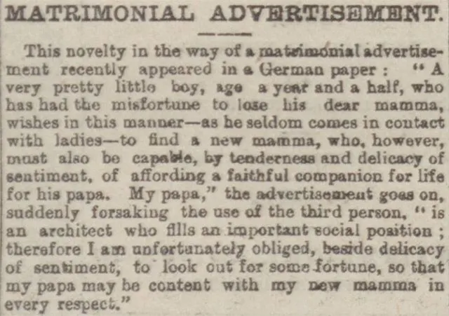 A matrimonial advert mentioned in the Leeds Times in 1894