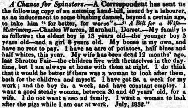 An amusing advert for a wife was mentioned in the Dorset County Chronicle in 1832