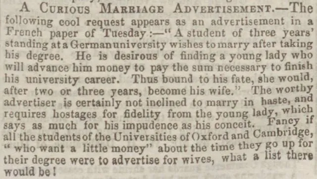 A curious marriage advertisement was reported by the Bedfordshire Times and Independent in 1863