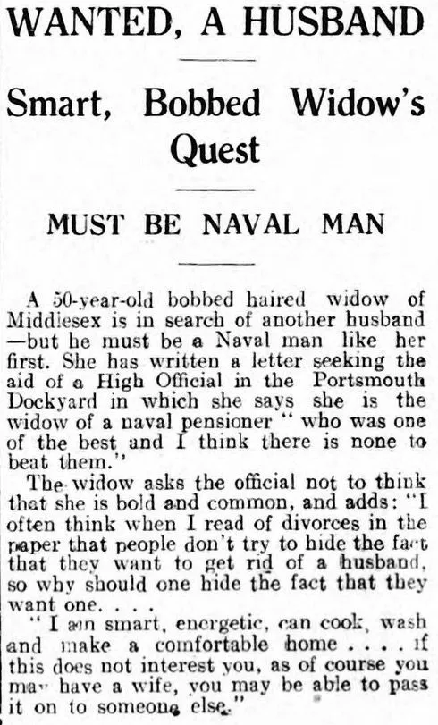 The Portsmouth Evening News printed a widow's advert for a new husband in 1931
