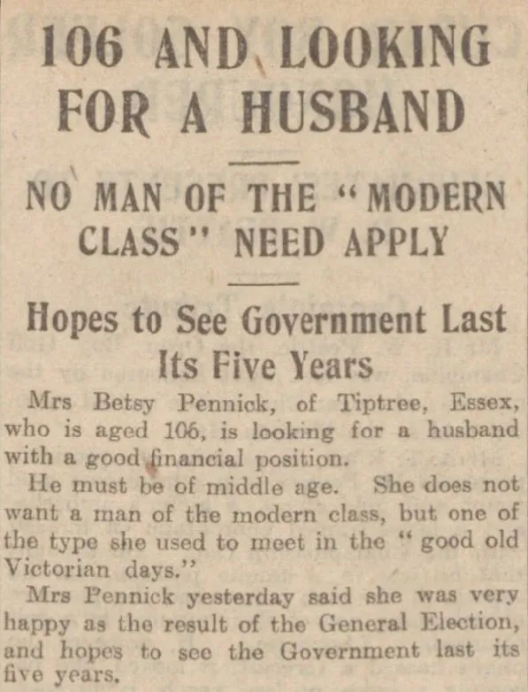 A 106-year-old woman's search for a husband was reported by the Dundee Courier in 1924