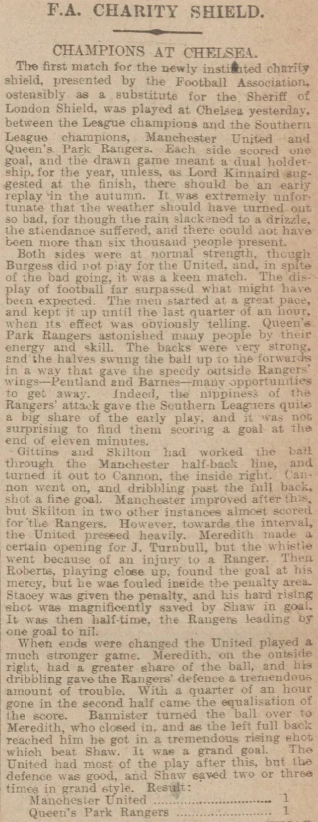 The result of the FA Charity Shield in 1908, reported by the Manchester Courier and Lancashire General Advertiser