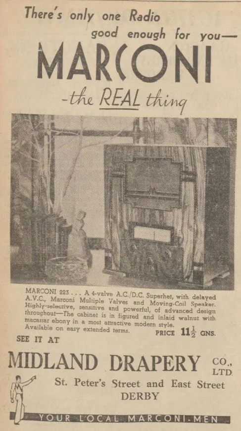Marconi advert in the Derby Daily Telegraph, 1935