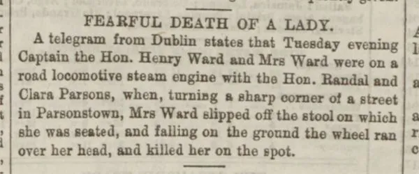 Historical newspaper report about Mary Ward - the First Fatality in a Car Accident in the UK and Ireland