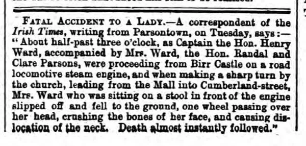 Historical newspaper report about Mary Ward - the First Fatality in a Car Accident in the UK and Ireland
