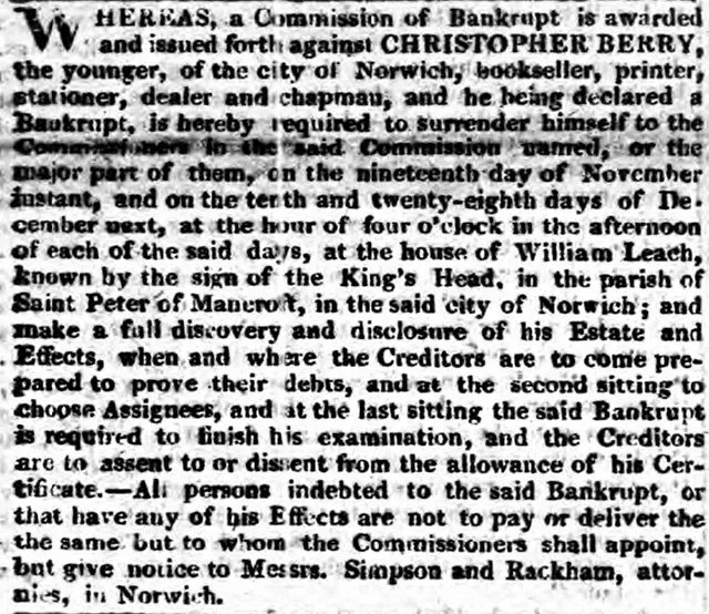 Christopher Berry, Mary Berry's ancestor was declared bankrupt in the Norwich Chronicle.
