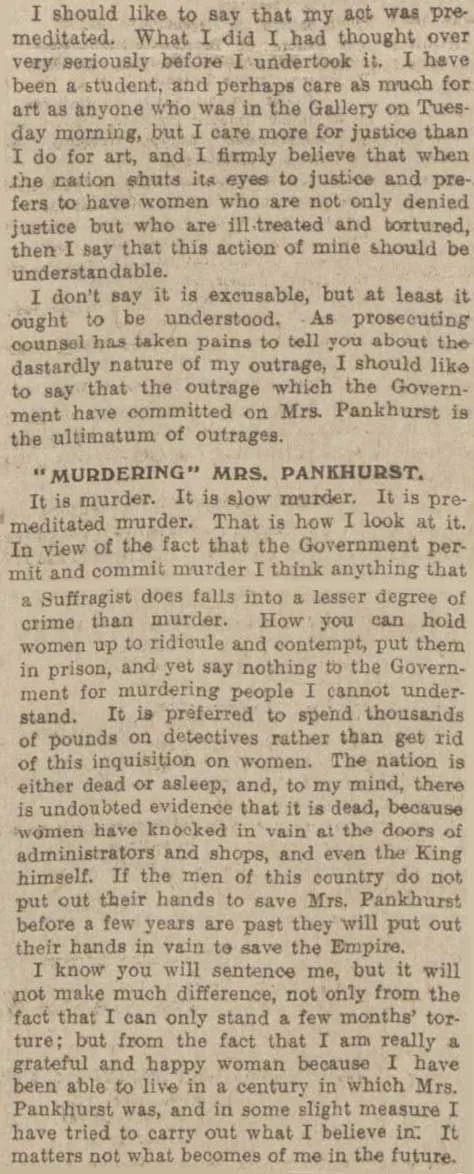 Suffragette Mary Richardson explains why she damaged the Rokeby Venus