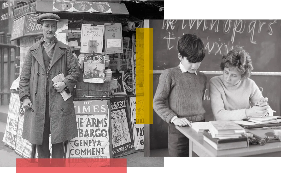 A black and white collage of a man standing at a news stand and a woman and child reading something on a desk