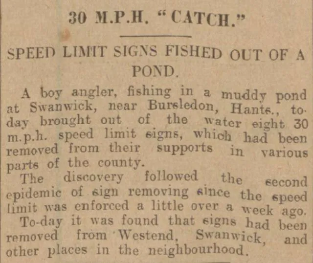 Nottingham Evening Post reports that speed limit signs were found in a pond