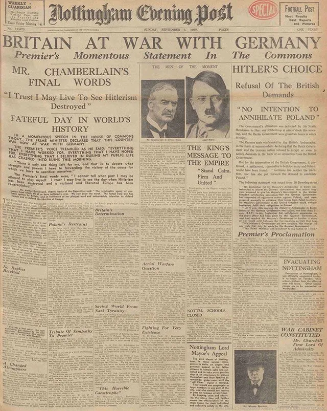 The Nottingham Evening Post announces the start of WW2