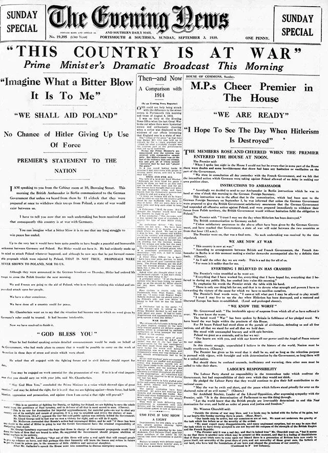 The Portsmouth Evening News announces the start of WW2