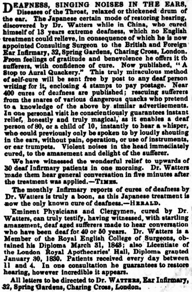 An advert for Dr Watter's treatment was printed in the Cheltenham Looker-On in 1858