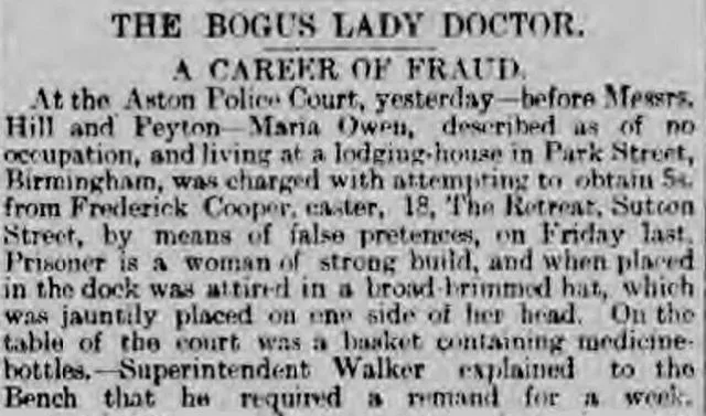 The Birmingham Daily Post reported the story of the 'bogus lady doctor' in 1890