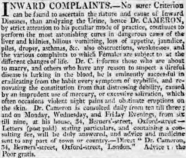 Advertisement headed 'Inward Complaints' in the Morning Chronicle 3 Sept 1817
